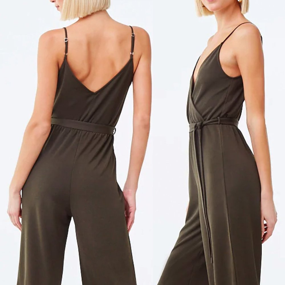Olive Green Surplice V Neck Wide Leg Belt Jumpsuit - Picture 6 of 8